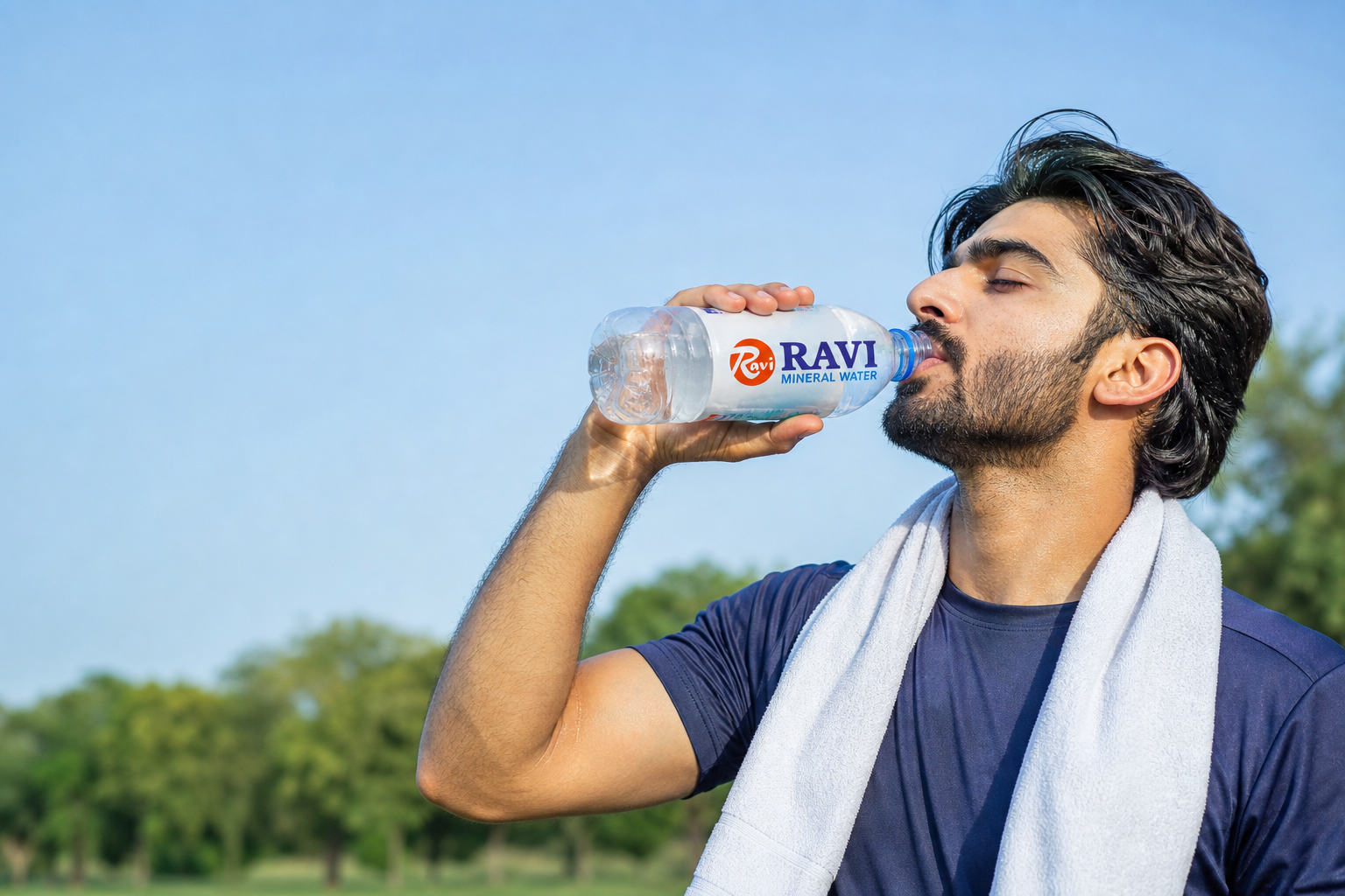 Man enjoying Ravi Mineral Water outdoors